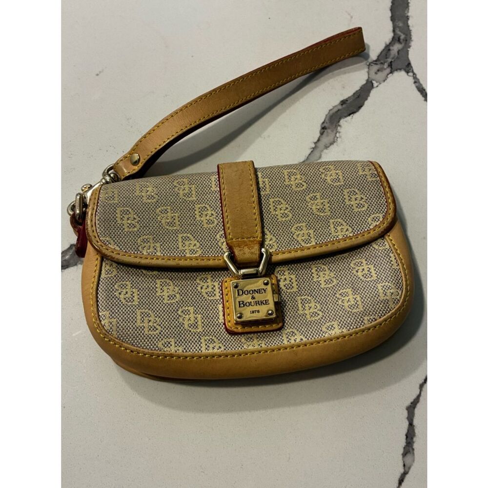 Dooney & Bourke Tan Signature Canvas Wristlet with Gold Hardware